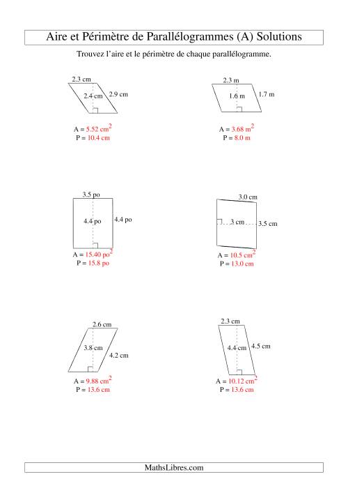 Aire et périmètre de parallélogrammes (jusqu'à 1 décimale; variation 1-5) (Tout) page 2