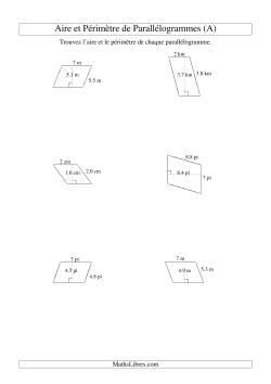 Aire et périmètre de parallélogrammes (nombre entier; variation 1-9)