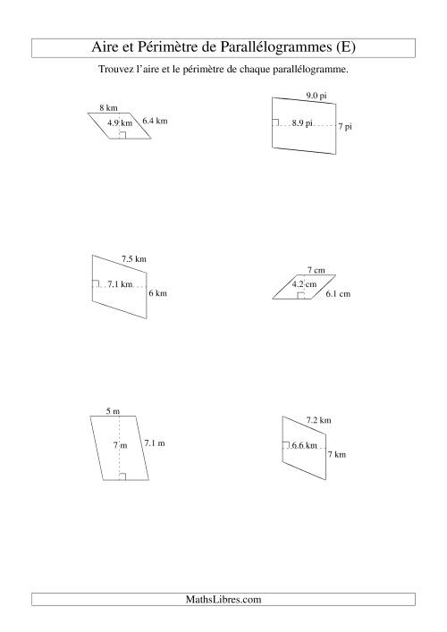 Aire et périmètre de parallélogrammes (nombre entier; variation 1-9) (E)