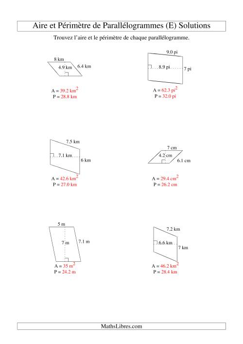 Aire et périmètre de parallélogrammes (nombre entier; variation 1-9) (E) page 2