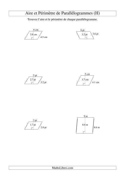 Aire et périmètre de parallélogrammes (nombre entier; variation 1-9) (H)