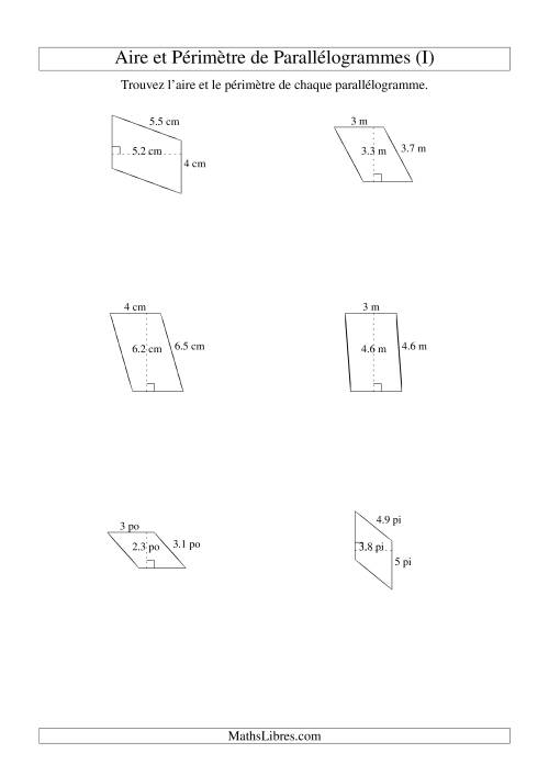 Aire et périmètre de parallélogrammes (nombre entier; variation 1-9) (I)