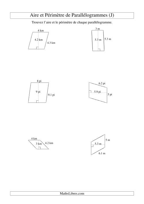 Aire et périmètre de parallélogrammes (nombre entier; variation 1-9) (J)