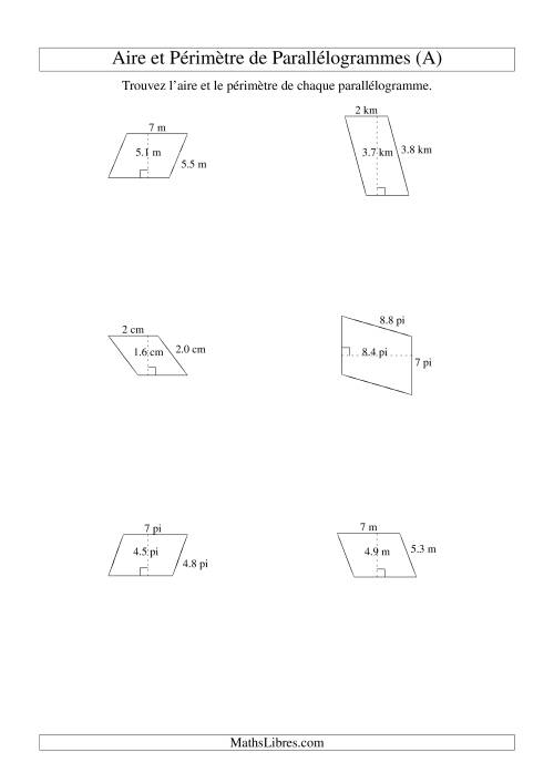 Aire et périmètre de parallélogrammes (nombre entier; variation 1-9) (Tout)