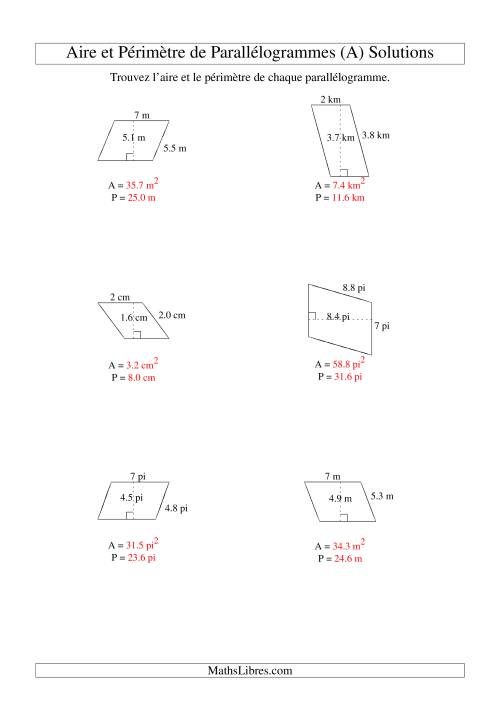 Aire et périmètre de parallélogrammes (nombre entier; variation 1-9) (Tout) page 2