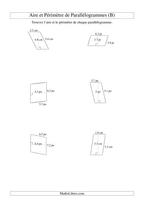 Aire et périmètre de parallélogrammes (jusqu'à 1 décimale; variation 1-9) (B)