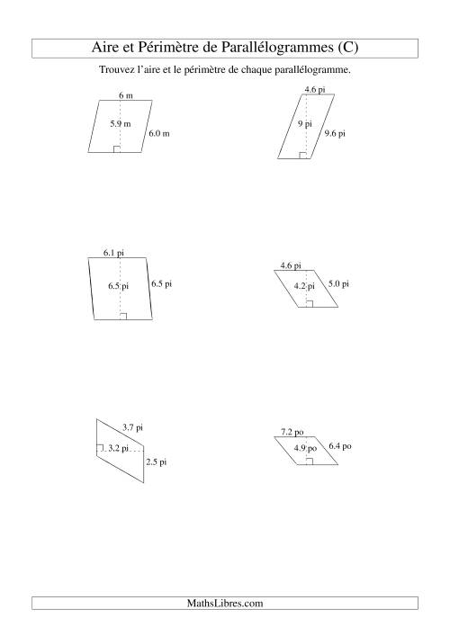 Aire et périmètre de parallélogrammes (jusqu'à 1 décimale; variation 1-9) (C)