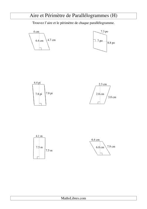 Aire et périmètre de parallélogrammes (jusqu'à 1 décimale; variation 1-9) (H)
