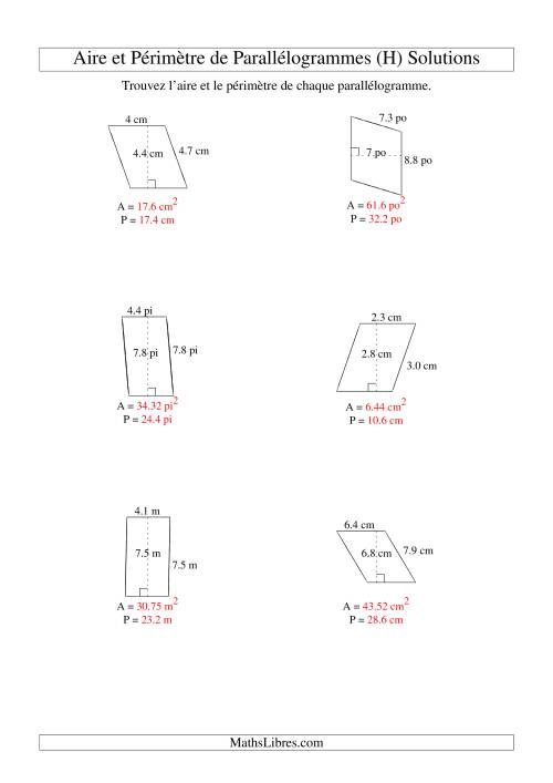Aire et périmètre de parallélogrammes (jusqu'à 1 décimale; variation 1-9) (H) page 2