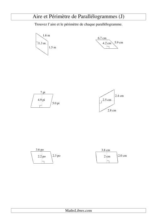 Aire et périmètre de parallélogrammes (jusqu'à 1 décimale; variation 1-9) (J)
