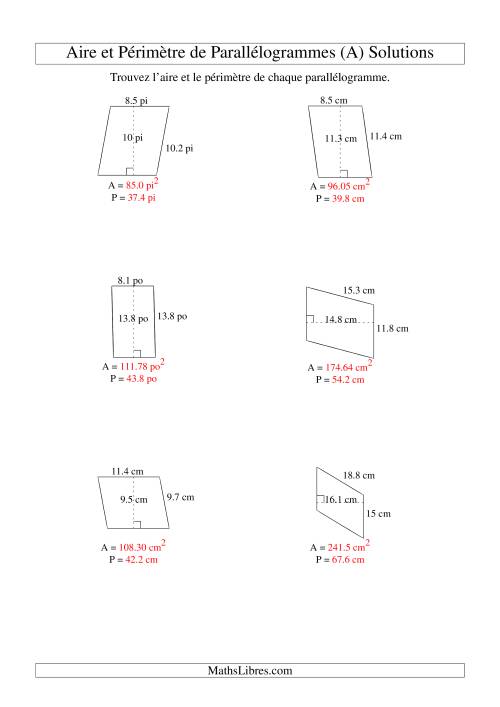 Aire et périmètre de parallélogrammes (jusqu'à 1 décimale; variation 5-20) (A) page 2