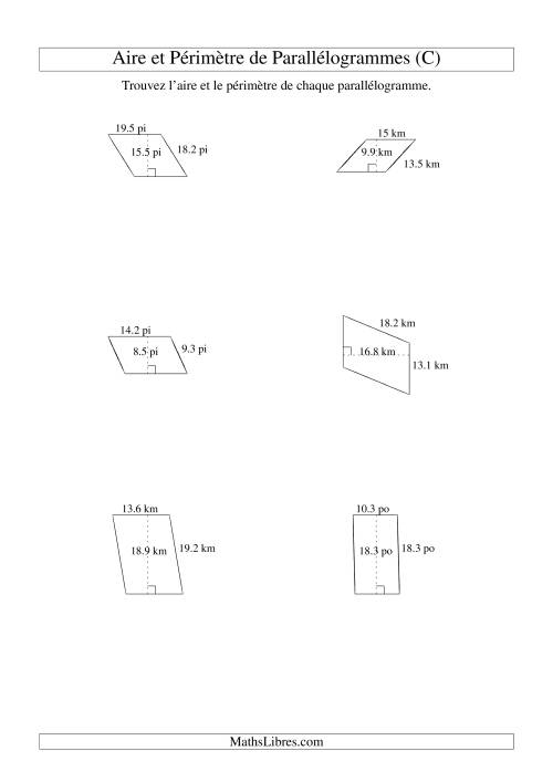 Aire et périmètre de parallélogrammes (jusqu'à 1 décimale; variation 5-20) (C)