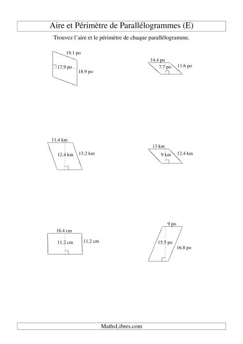 Aire et périmètre de parallélogrammes (jusqu'à 1 décimale; variation 5-20) (E)
