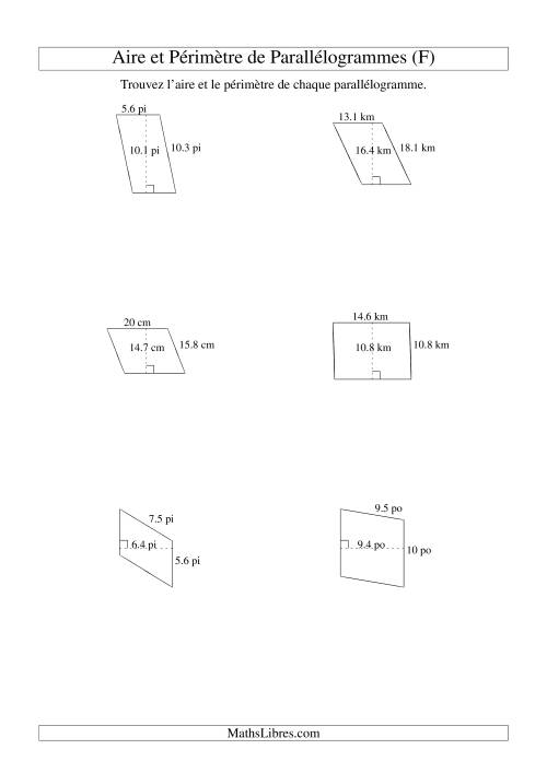 Aire et périmètre de parallélogrammes (jusqu'à 1 décimale; variation 5-20) (F)