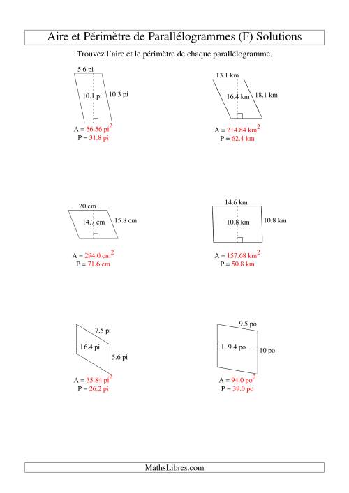 Aire et périmètre de parallélogrammes (jusqu'à 1 décimale; variation 5-20) (F) page 2