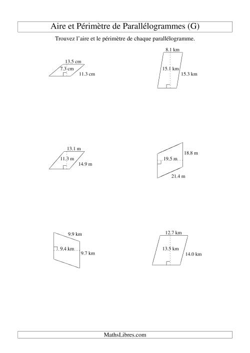 Aire et périmètre de parallélogrammes (jusqu'à 1 décimale; variation 5-20) (G)
