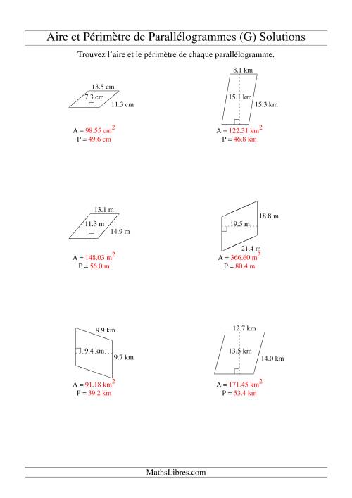 Aire et périmètre de parallélogrammes (jusqu'à 1 décimale; variation 5-20) (G) page 2