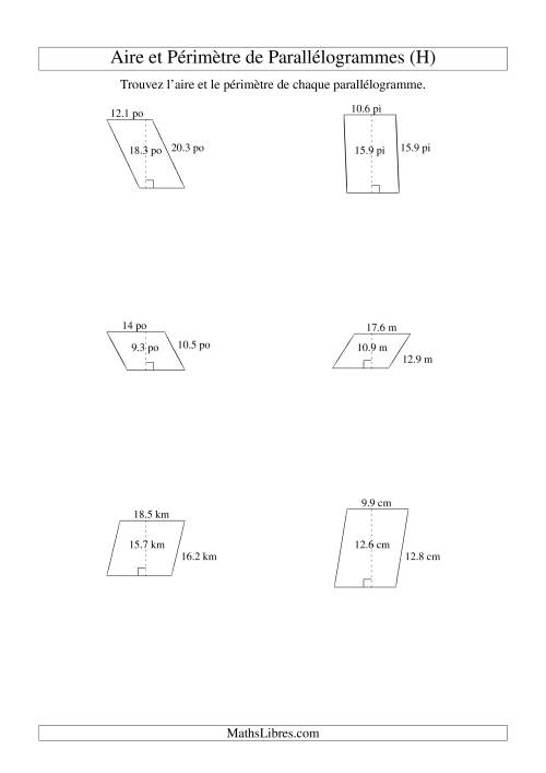 Aire et périmètre de parallélogrammes (jusqu'à 1 décimale; variation 5-20) (H)