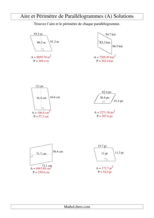 Aire et périmètre de parallélogrammes (jusqu'à 1 décimale; variation 10-99) (A) page 2