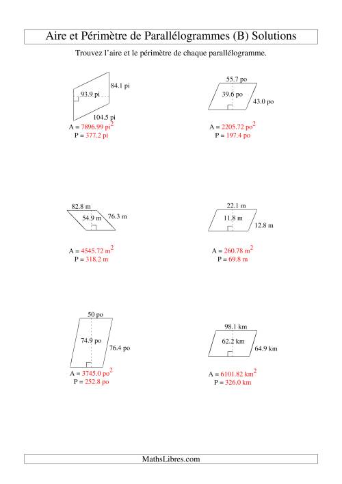Aire et périmètre de parallélogrammes (jusqu'à 1 décimale; variation 10-99) (B) page 2