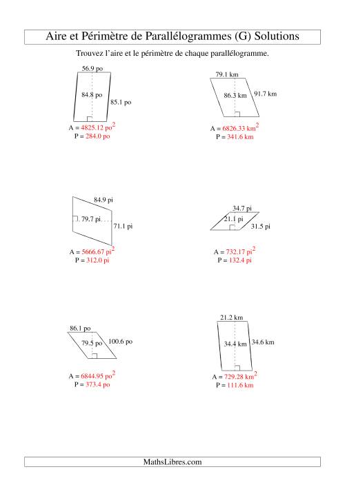 Aire et périmètre de parallélogrammes (jusqu'à 1 décimale; variation 10-99) (G) page 2