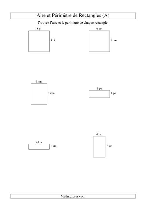 Aire et périmètre de rectangles (nombre entier; variation 1-9) (Tout)
