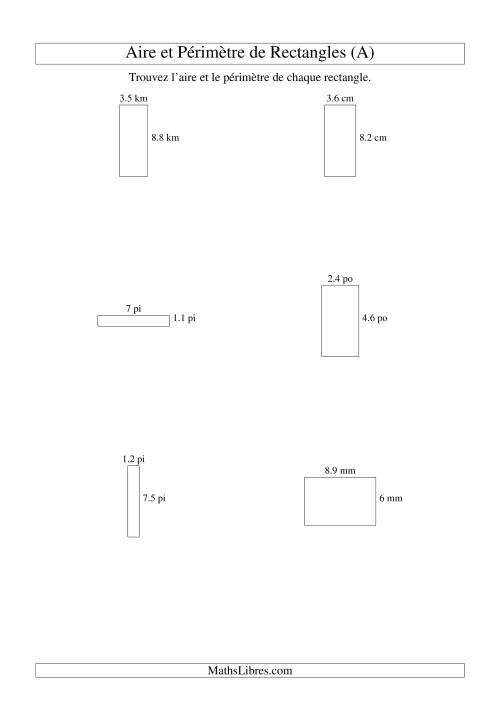Aire et périmètre de rectangles (jusqu'à 1 décimale; variation 1-9) (A)
