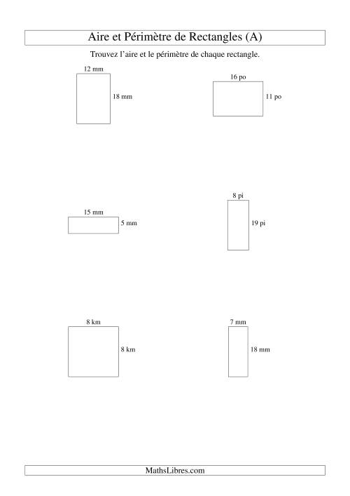 Aire et périmètre de rectangles (nombre entier; variation 5-20) (A)