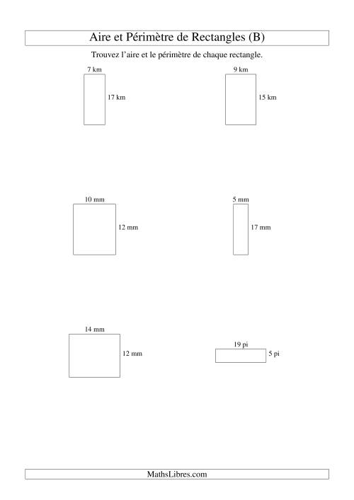Aire et périmètre de rectangles (nombre entier; variation 5-20) (B)
