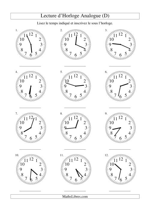 Lecture d'horloge analogue (intervalles 1 minute) (D)