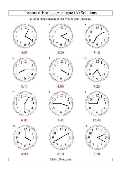 Lecture d'horloge analogue (intervalles 5 minutes) (Tout) page 2
