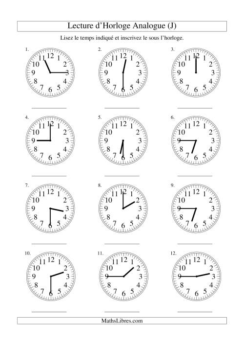 Lecture d'horloge analogue (intervalles 15 minutes) (J)