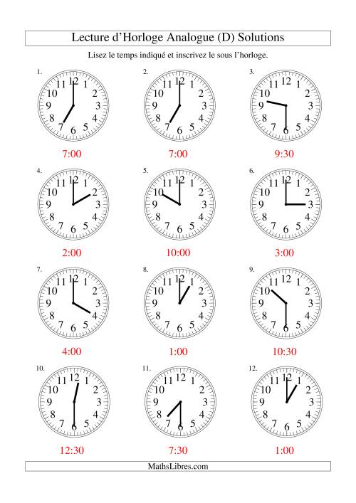 Lecture d'horloge analogue (intervalles 30 minutes) (D) page 2