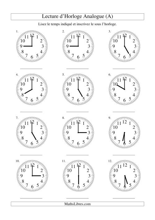 Lecture d'horloge analogue (intervalles 30 minutes) (Tout)