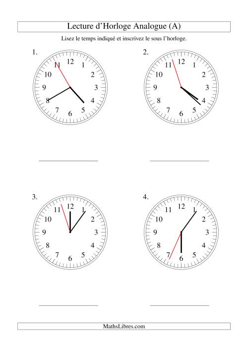 Lecture d'horloge analogue (intervalles 1 seconde) (Gros Caractères)