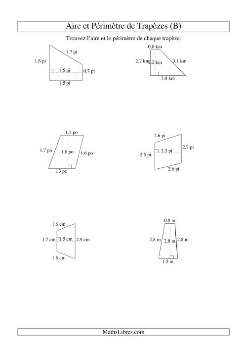 Aire et périmètre de trapèzes (jusqu'à 1 décimale; variation 1-5) (B)