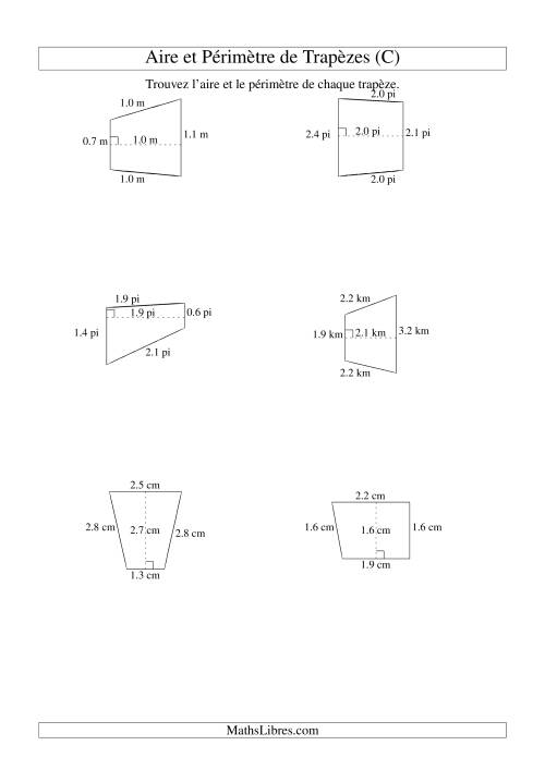 Aire et périmètre de trapèzes (jusqu'à 1 décimale; variation 1-5) (C)
