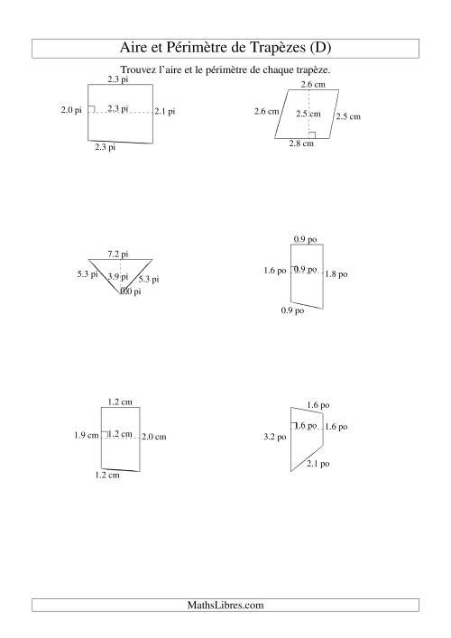 Aire et périmètre de trapèzes (jusqu'à 1 décimale; variation 1-5) (D)