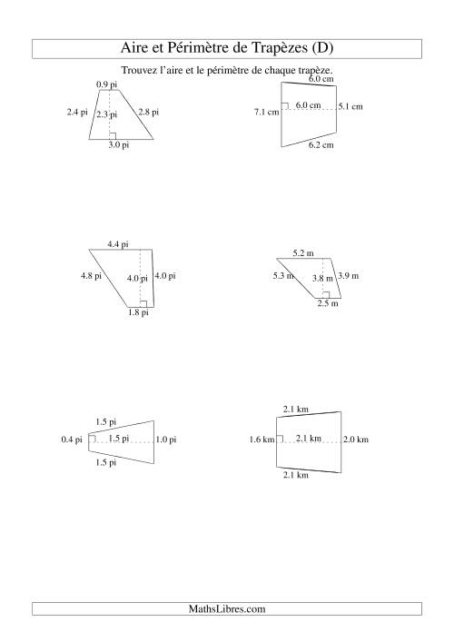 Aire et périmètre de trapèzes (jusqu'à 1 décimale; variation 1-9) (D)
