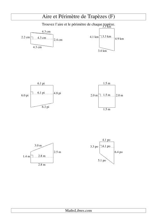 Aire et périmètre de trapèzes (jusqu'à 1 décimale; variation 1-9) (F)