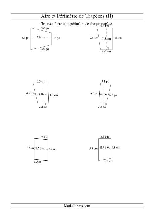 Aire et périmètre de trapèzes (jusqu'à 1 décimale; variation 1-9) (H)