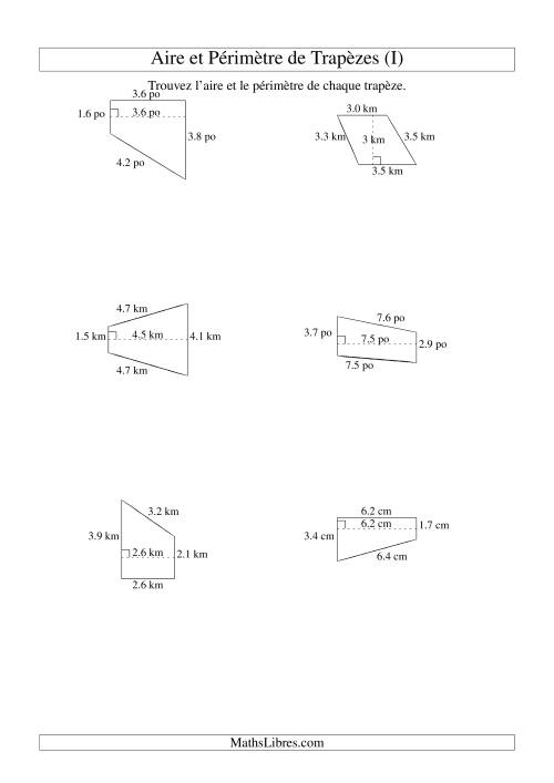 Aire et périmètre de trapèzes (jusqu'à 1 décimale; variation 1-9) (I)