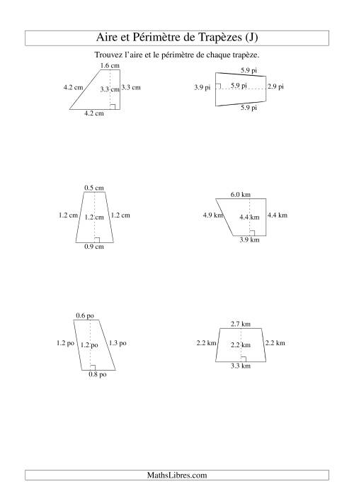 Aire et périmètre de trapèzes (jusqu'à 1 décimale; variation 1-9) (J)