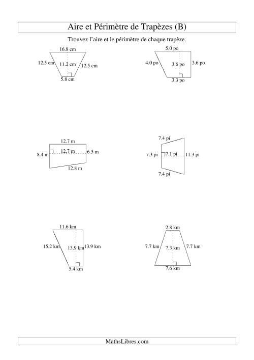 Aire et périmètre de trapèzes (jusqu'à 1 décimale; variation 5-20) (B)
