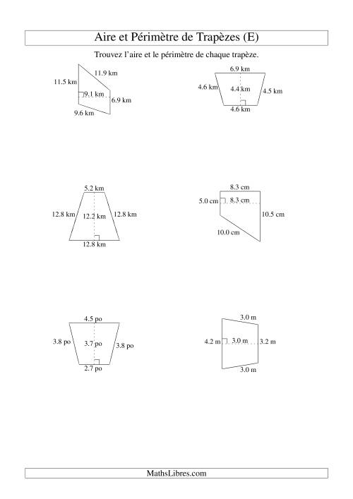 Aire et périmètre de trapèzes (jusqu'à 1 décimale; variation 5-20) (E)