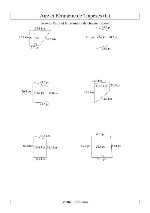 Aire et périmètre de trapèzes (jusqu'à 1 décimale; variation 10-99) (C)