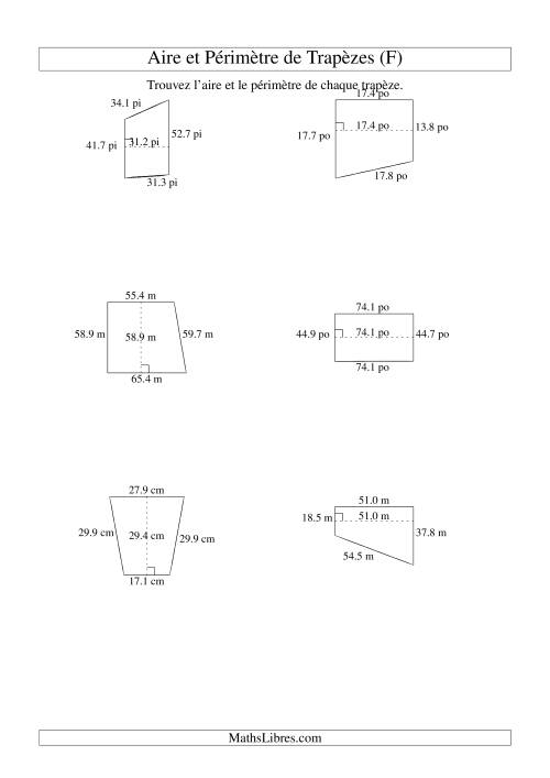 Aire et périmètre de trapèzes (jusqu'à 1 décimale; variation 10-99) (F)