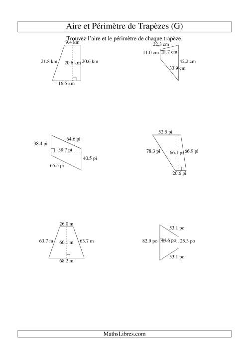 Aire et périmètre de trapèzes (jusqu'à 1 décimale; variation 10-99) (G)