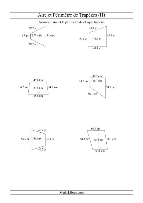 Aire et périmètre de trapèzes (jusqu'à 1 décimale; variation 10-99) (H)