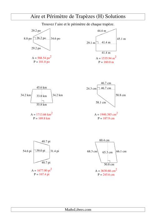 Aire et périmètre de trapèzes (jusqu'à 1 décimale; variation 10-99) (H) page 2